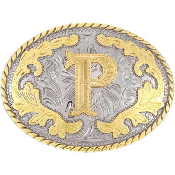 Men's Western Belt Buckle Initial Letter P Cowboy Rodeo Gold Large Belt Buckle - Picture 1 of 5